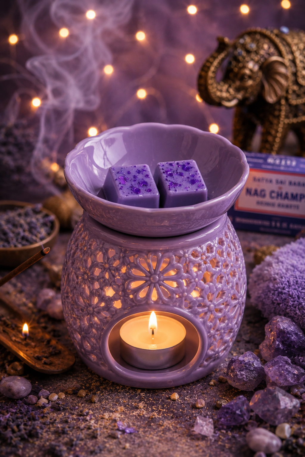 nag champa wax melts in purple burner with incense theme.