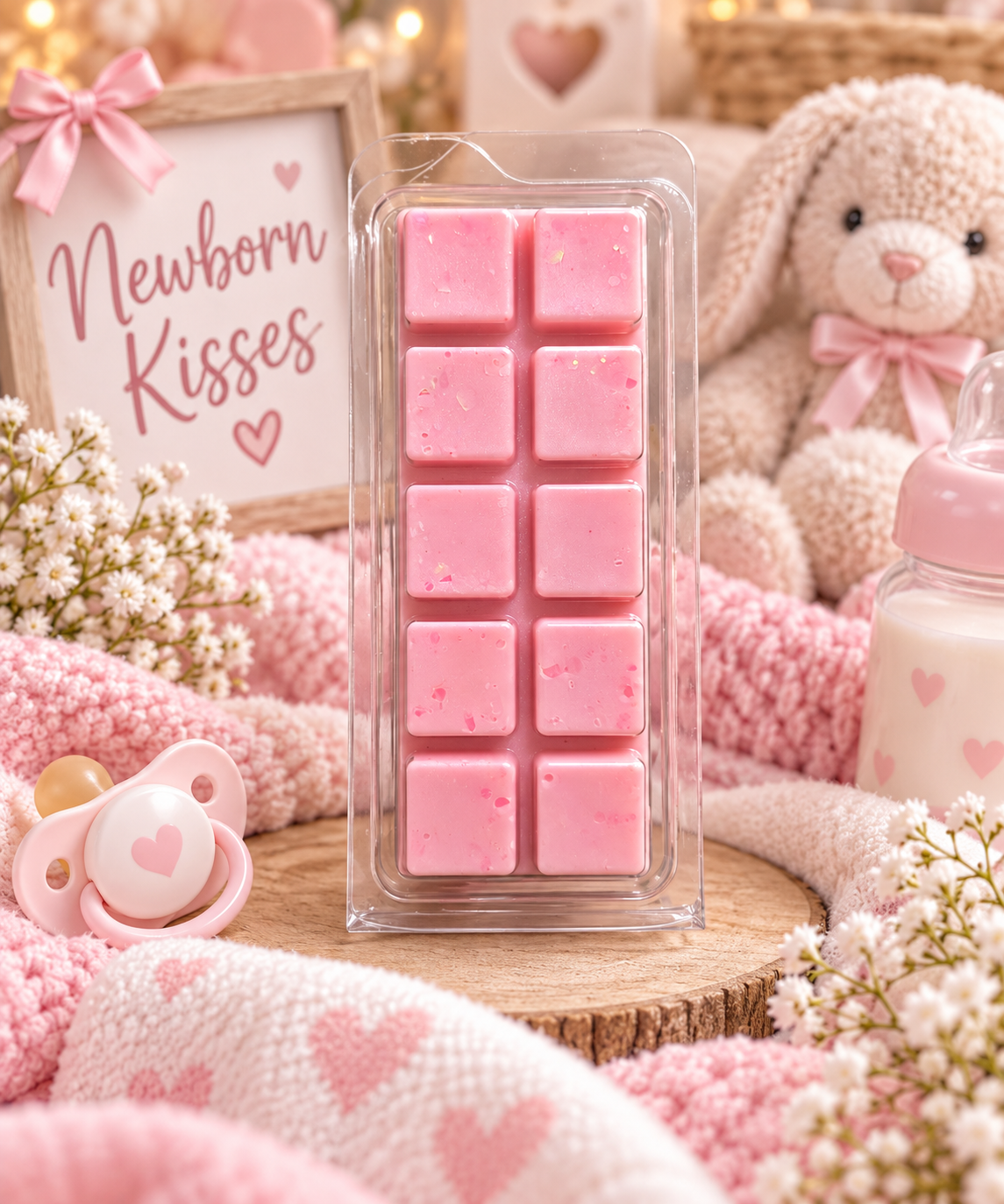 A clear plastic clamshell package containing ten pink square wax melts, styled on a wooden slice with pink baby-themed props including a pacifier, bottle, bunny toy, flowers, and a sign reading 'Newborn Kisses'.