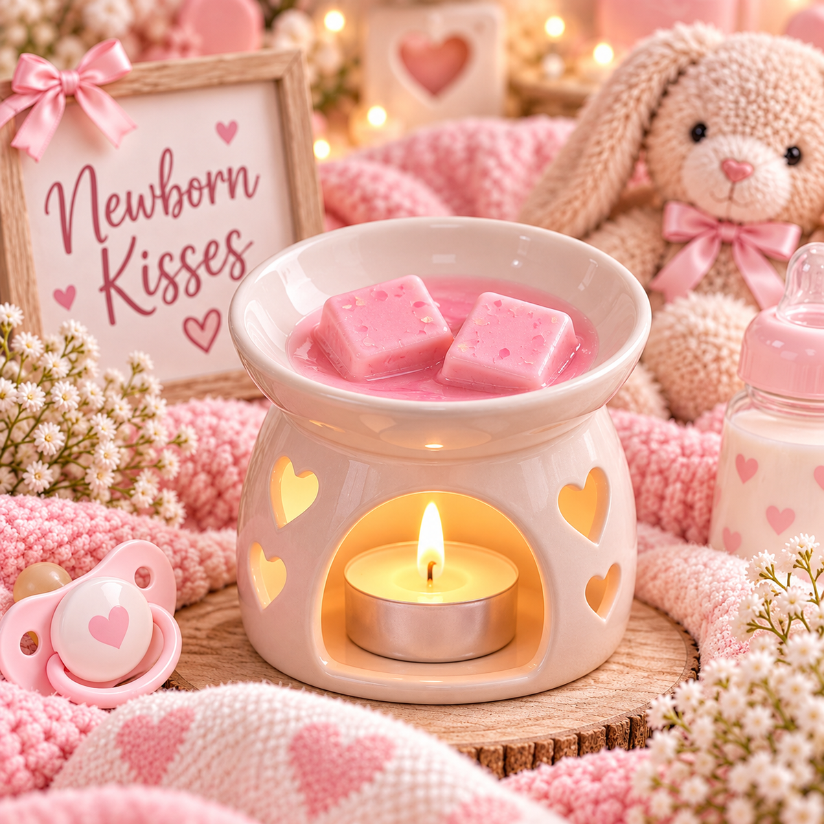 A pink wax warmer candle holder with a lit tealight and two pink wax cubes, styled with baby-themed props including a plush bunny, pacifier, bottle, blanket, and a sign reading 'Newborn Kisses'.