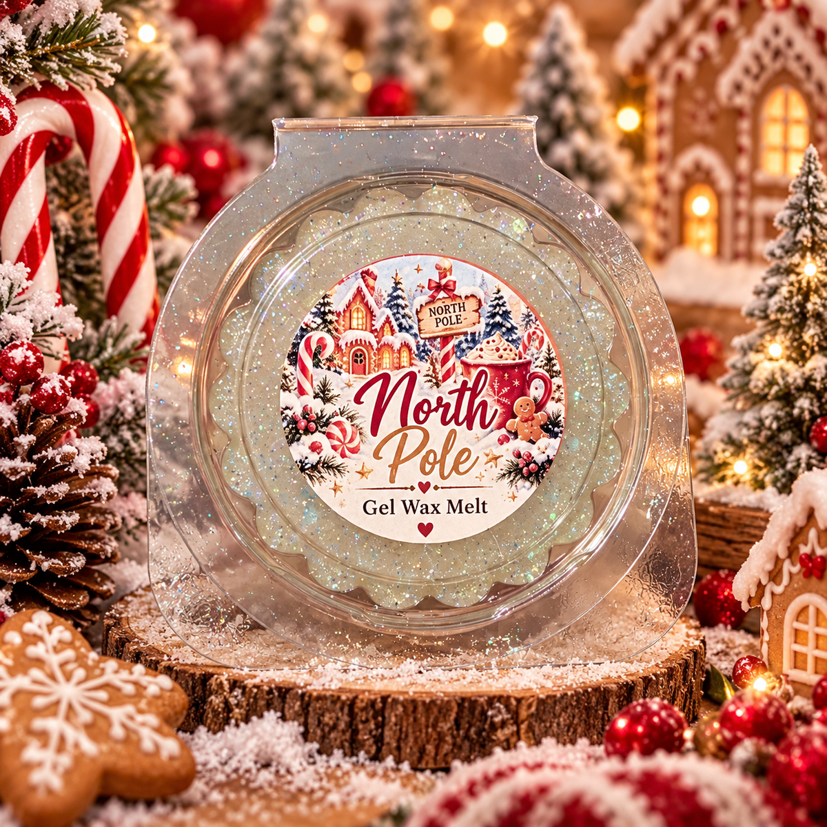 A round gel wax melt package labeled 'North Pole' sits on a rustic wood slice surrounded by holiday decorations including pinecones, candy canes, ornaments, and gingerbread houses.