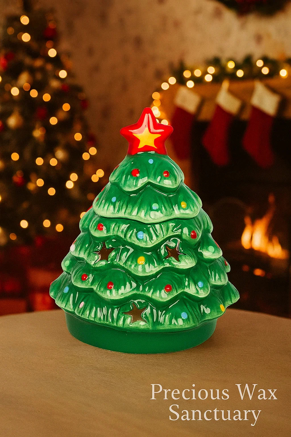Decorative Christmas tree wax and oil warmer with lights on a table, Christmas tree and stockings in the background.