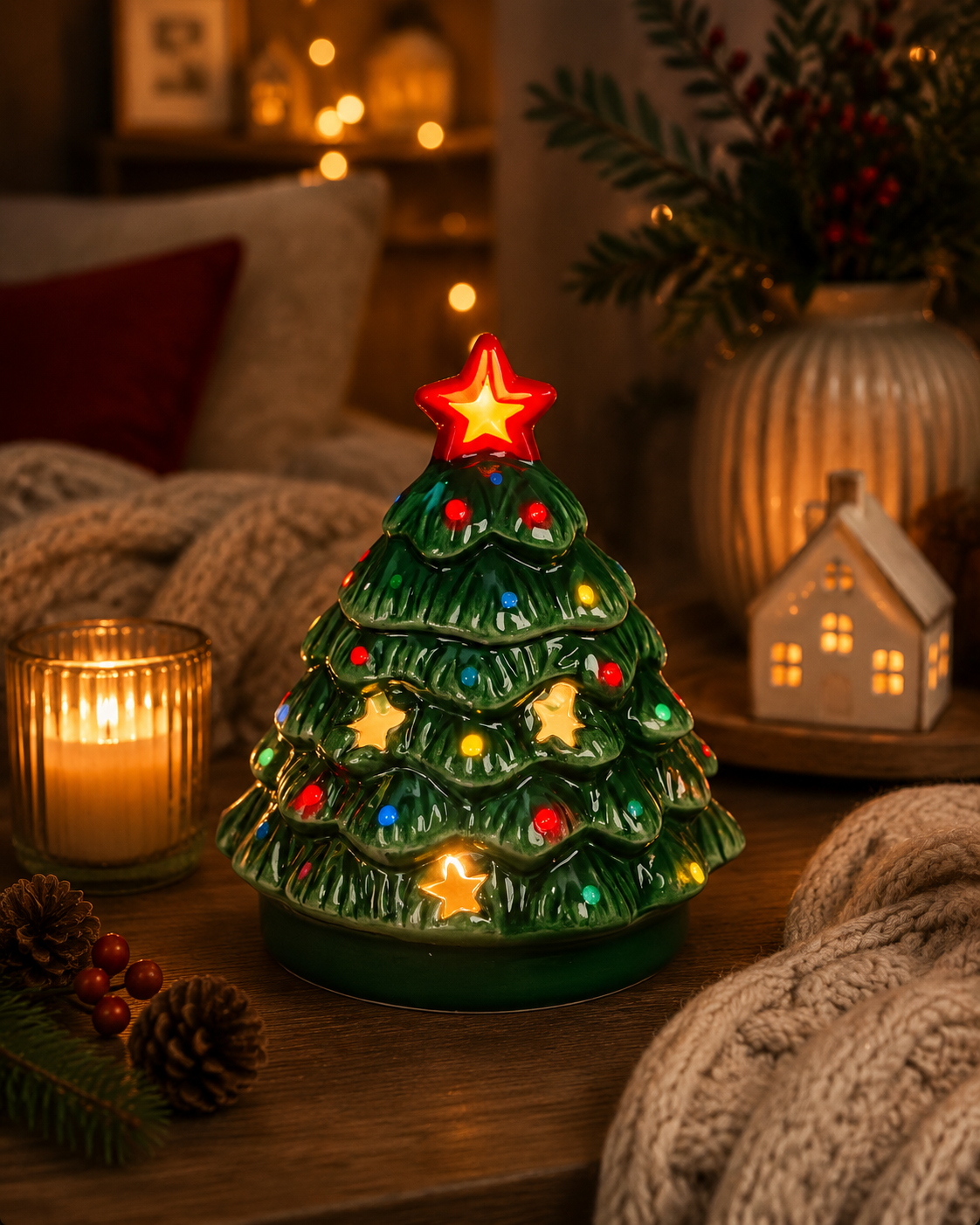 Festive tree wax and oil warmer in cosy home at night