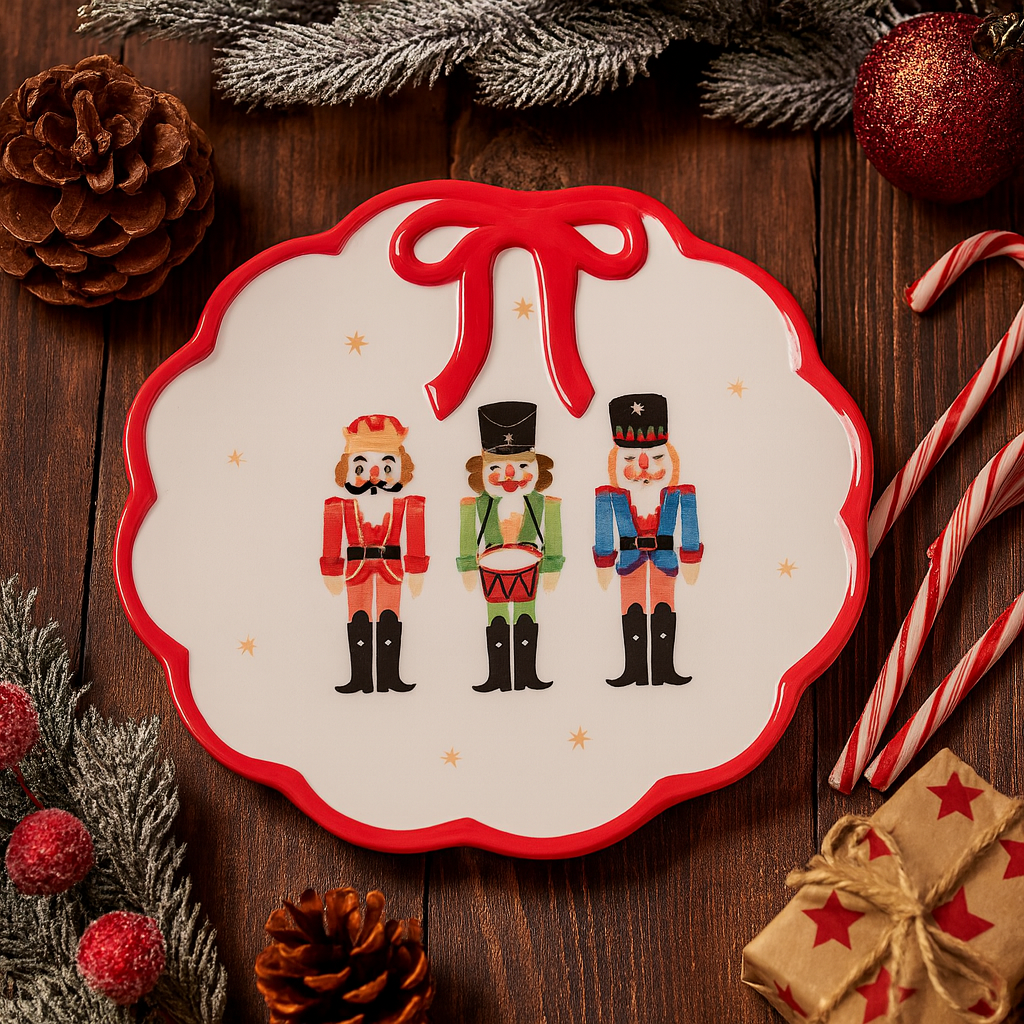 Decorative plate with nutcracker design on a wooden surface with Christmas decorations.