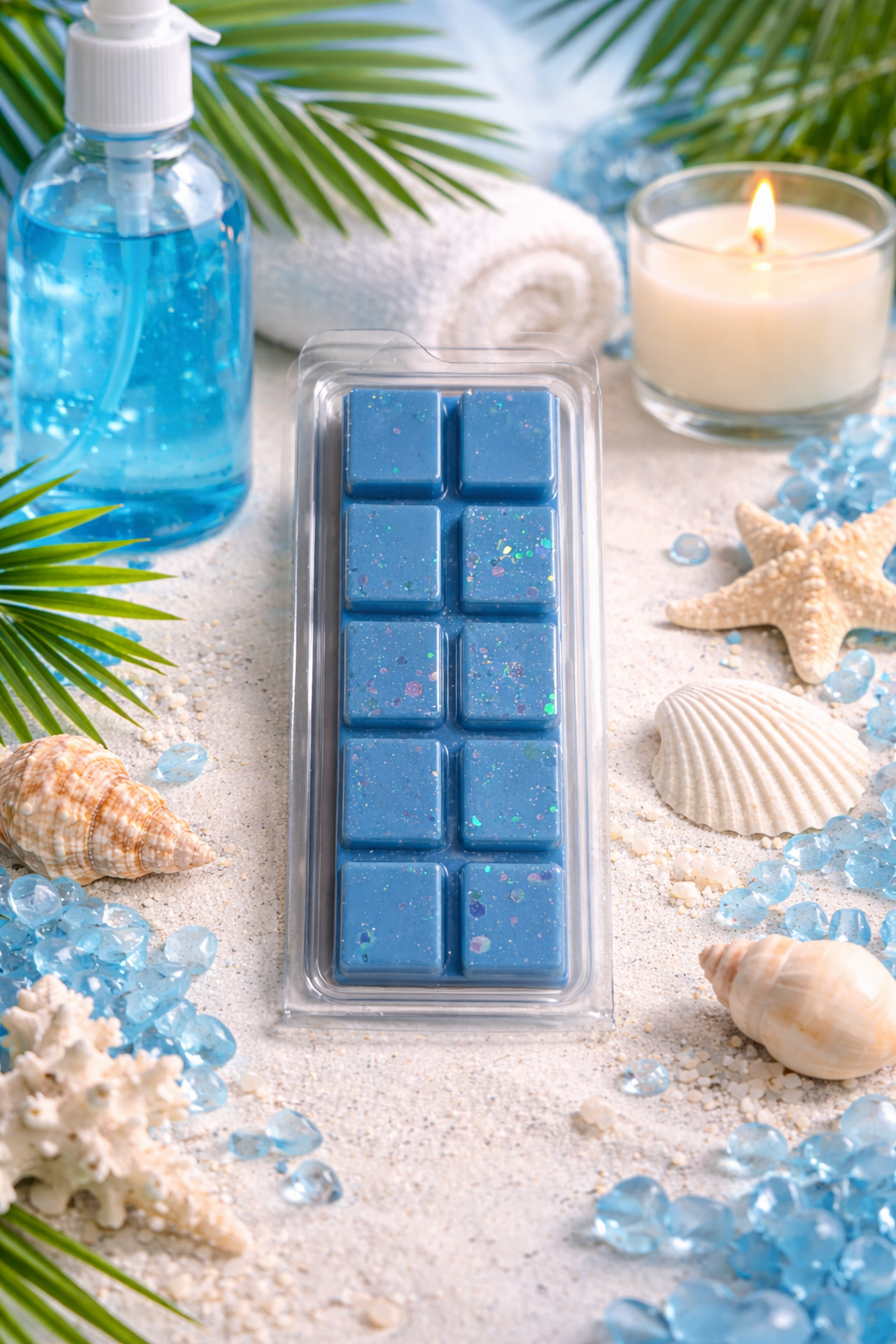 Blue wax melts in a mold with beach-themed decor including shells and a candle.