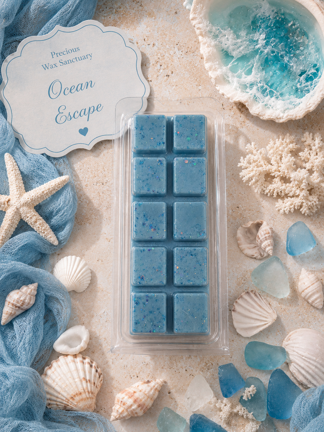 A packaged blue wax melt bar set in a clear plastic clamshell, styled on a sandy surface with seashells, blue netting, a starfish, and a decorative sign reading Precious Wax Sanctuary Ocean Escape.