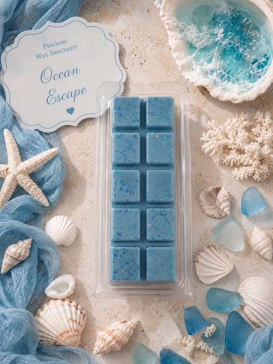A packaged blue wax melt bar set in a clear plastic clamshell, styled on a sandy surface with seashells, blue netting, a starfish, and a decorative sign reading Precious Wax Sanctuary Ocean Escape.