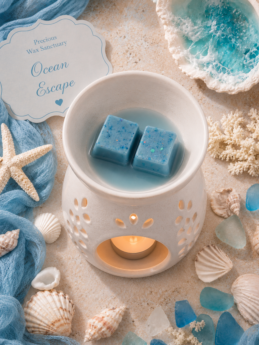 ocean escape wax melts in burner melting with ocean and shell background.