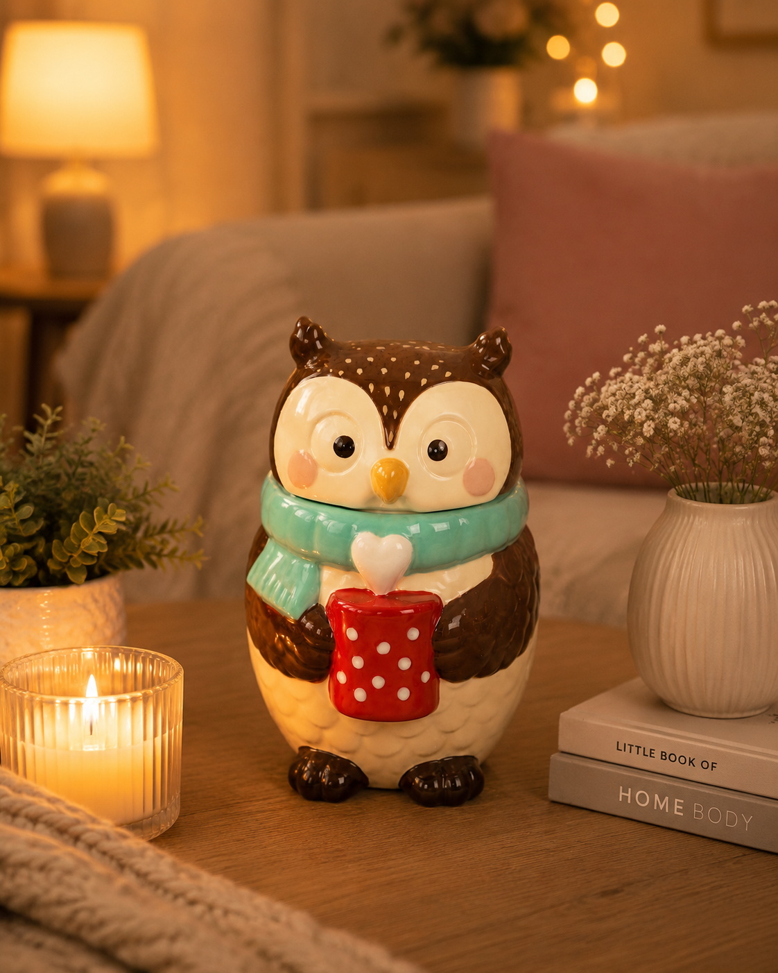 Cosy owl oil burner in home with cosy decor.