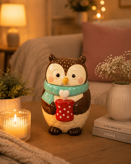 Cosy owl oil burner in home with cosy decor.