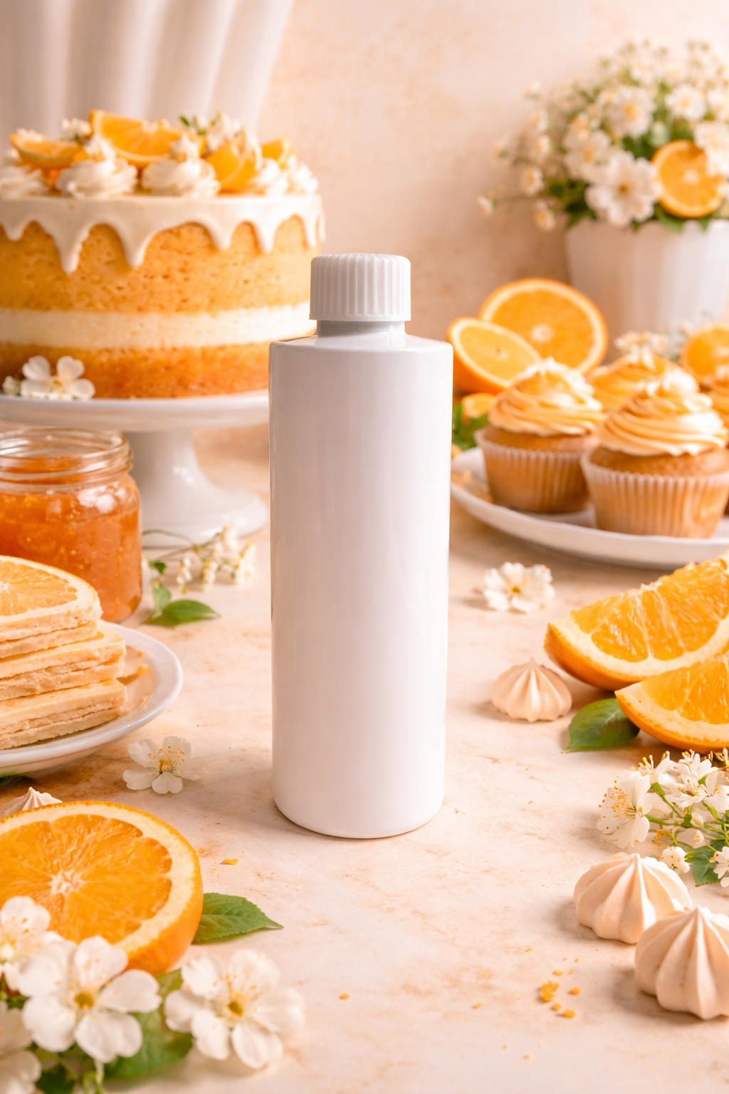 Orange chiffon cake reed diffuser refill White bottle on a table with orange slices, cake, and cupcakes.