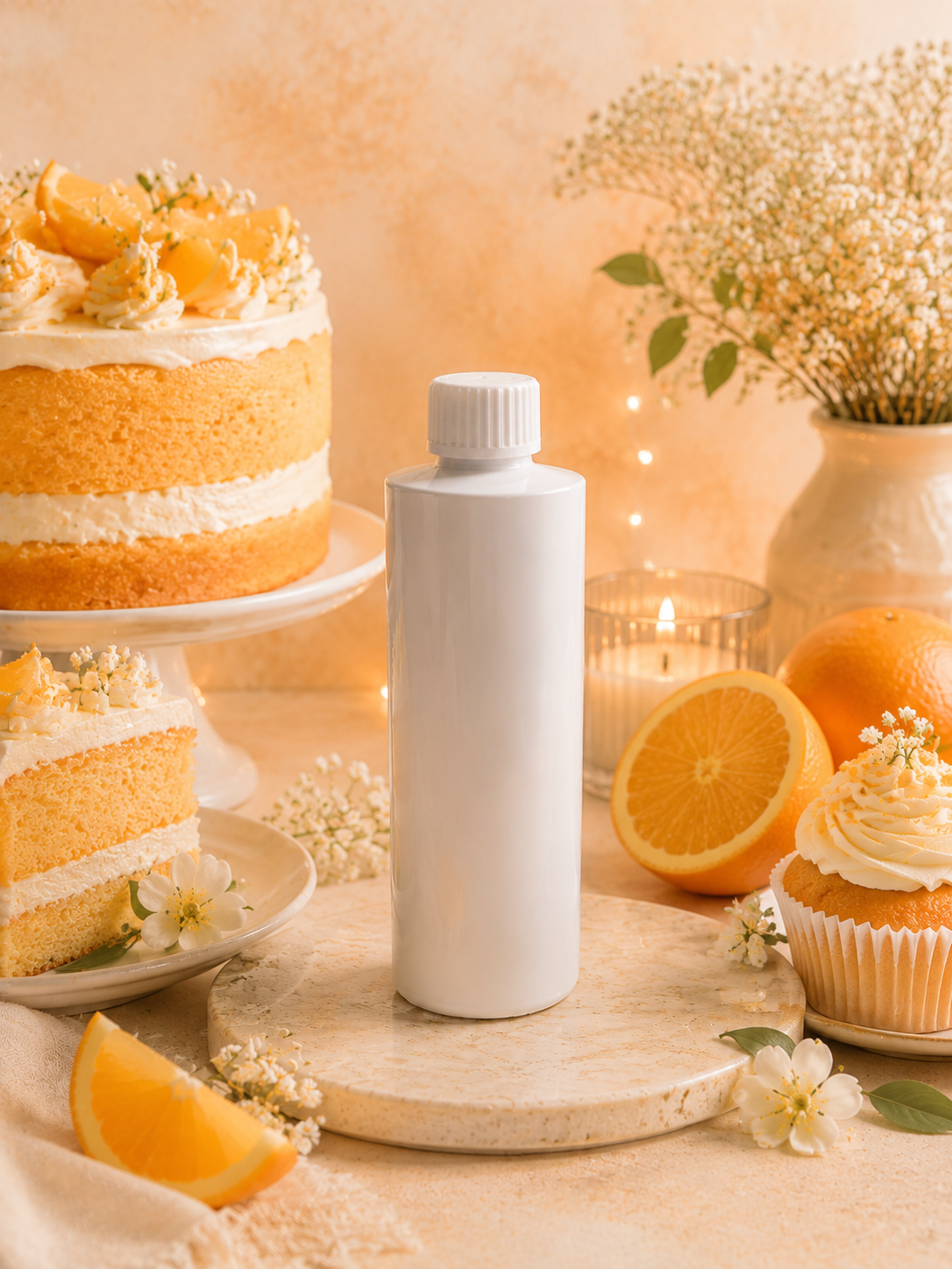 A tall, plain white reed diffuser refill bottle with a ribbed cap stands centered on a round wooden board in a warm, styled scene. The background includes a layered orange cake, a slice of cake, an orange cupcake, orange slices, small white flowers, and a vase of dried flowers against a soft beige wall.