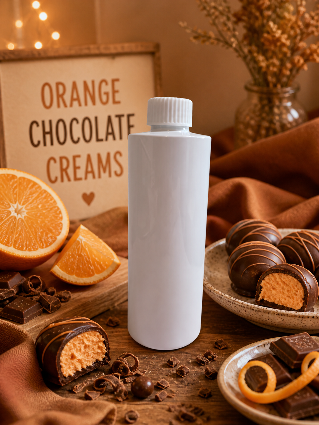 Reed diffuser refill White bottle on a wooden table with chocolate creams, oranges, and decorative elements.