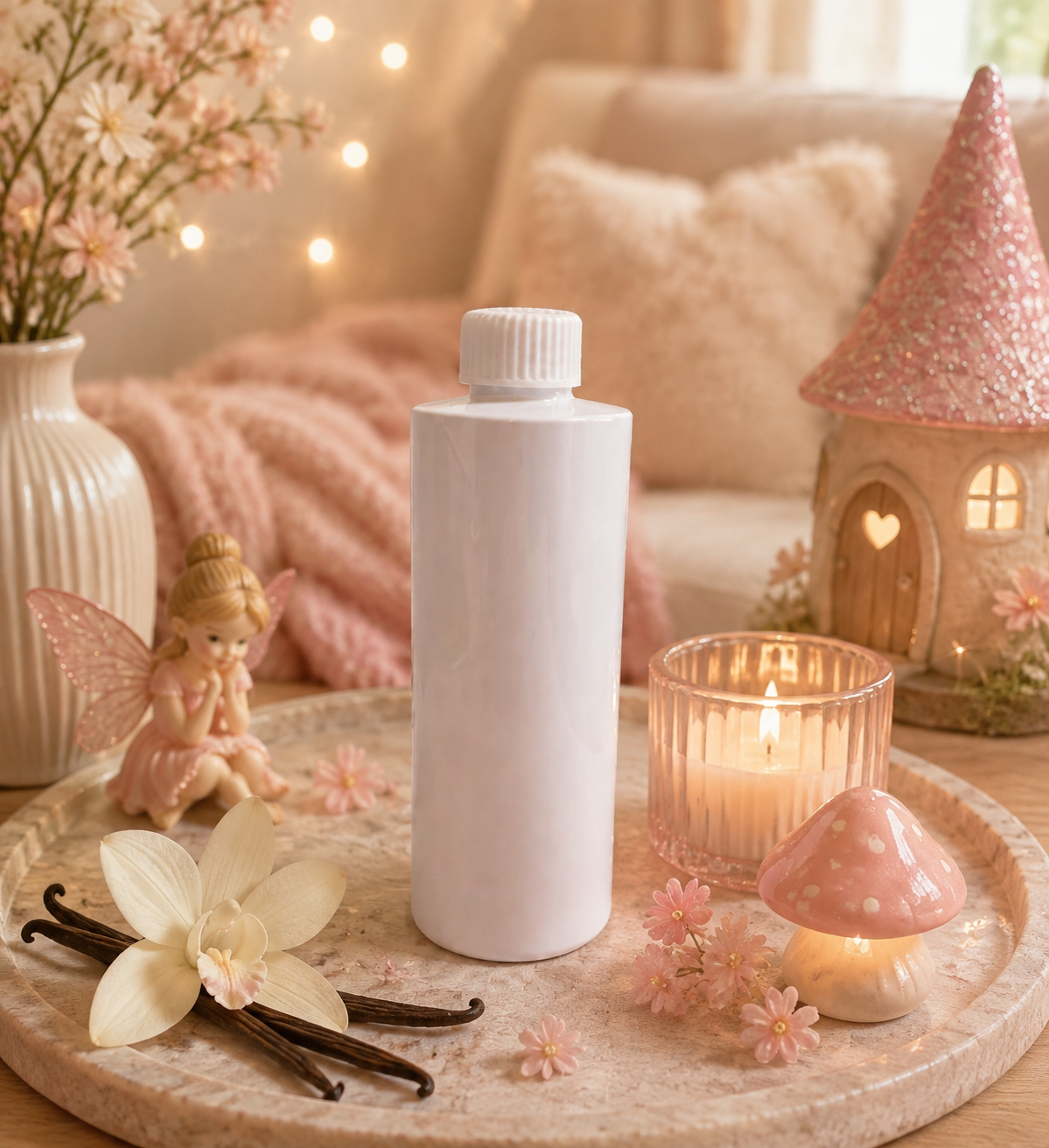 A reed diffuser refill white cylindrical bottle with a ribbed cap stands centered on a round tray, surrounded by decorative props including a lit candle in a glass holder, a pink mushroom lamp, vanilla beans, a small fairy figurine, flowers, and a cozy bedroom background with warm string lights.