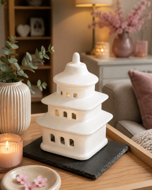 A white ceramic pagoda-shaped decorative wax melt holder with cutout windows, displayed on a black slate coaster on a wooden table in a cozy living room setting.