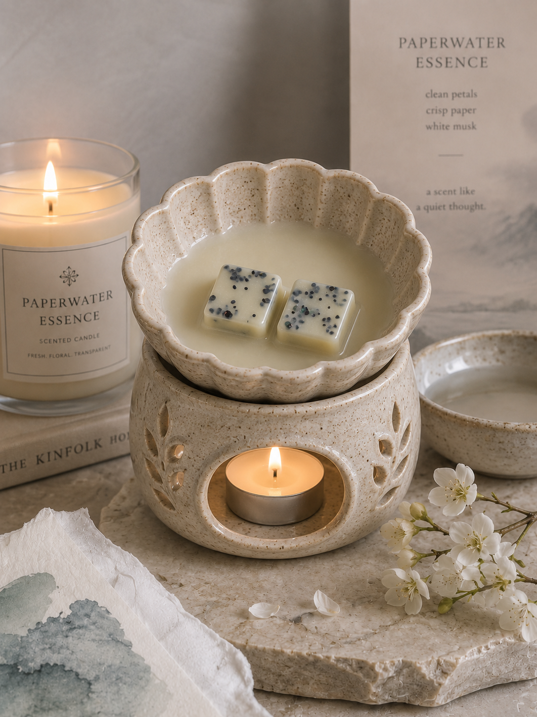 A ceramic scented candle warmer with a lit tealight and two wax melts on a cream-colored candle, styled on a stone surface with a lit Paperwater Essence candle and a book in the background.