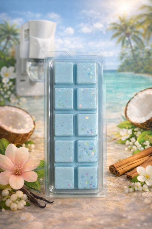 Pack of blue wax melts with a tropical beach background