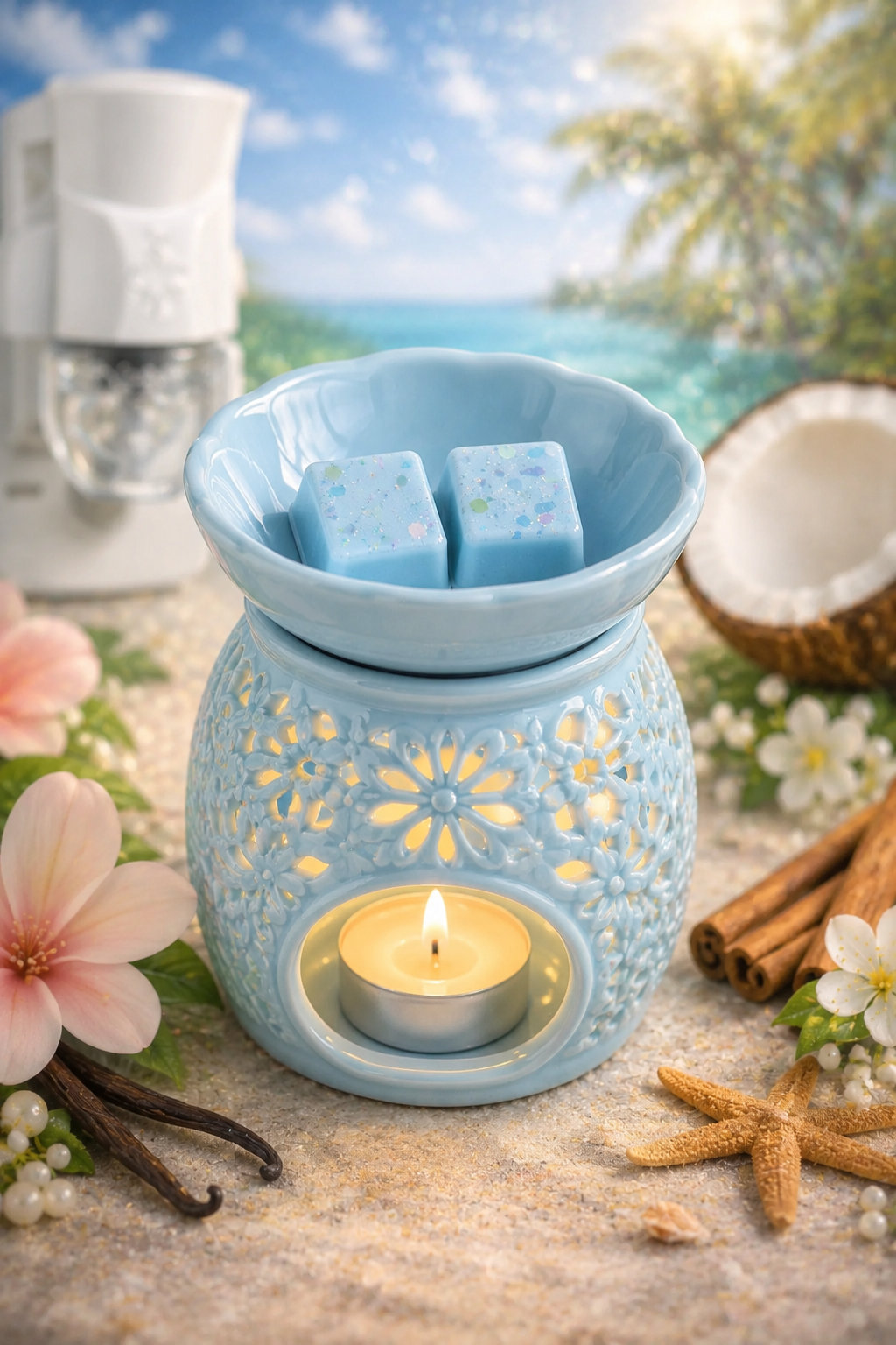 blue wax melts in burner with beach theme background.