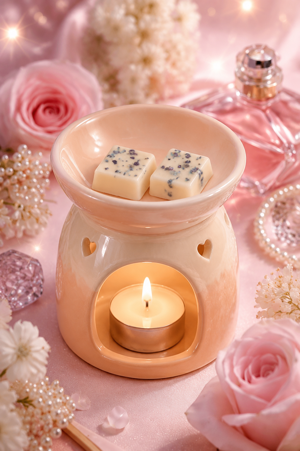 Peach colour wax melts in burner with perfume theme.