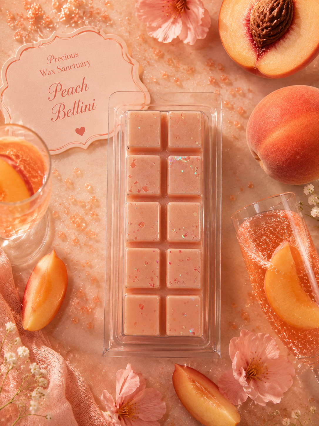 A packaged peach wax melt bar set on a peach-toned styled background with peach slices, flowers, and glassware. The central product is a rectangular clear plastic tray holding multiple pale peach wax melts, with a decorative sign reading 'Precious Wax Sanctuary Peach Bellini' visible at upper left.