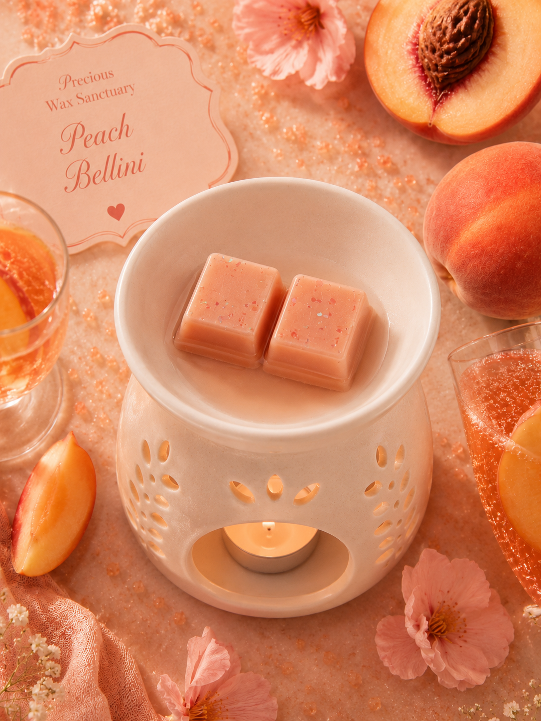 A peach-colored wax warmer with two peach-colored wax cubes inside, styled with peach slices, pink flowers, and sparkling liquid on a warm peach background. A card in the corner reads 'Precious Wax Sanctuary Peach Bellini'.