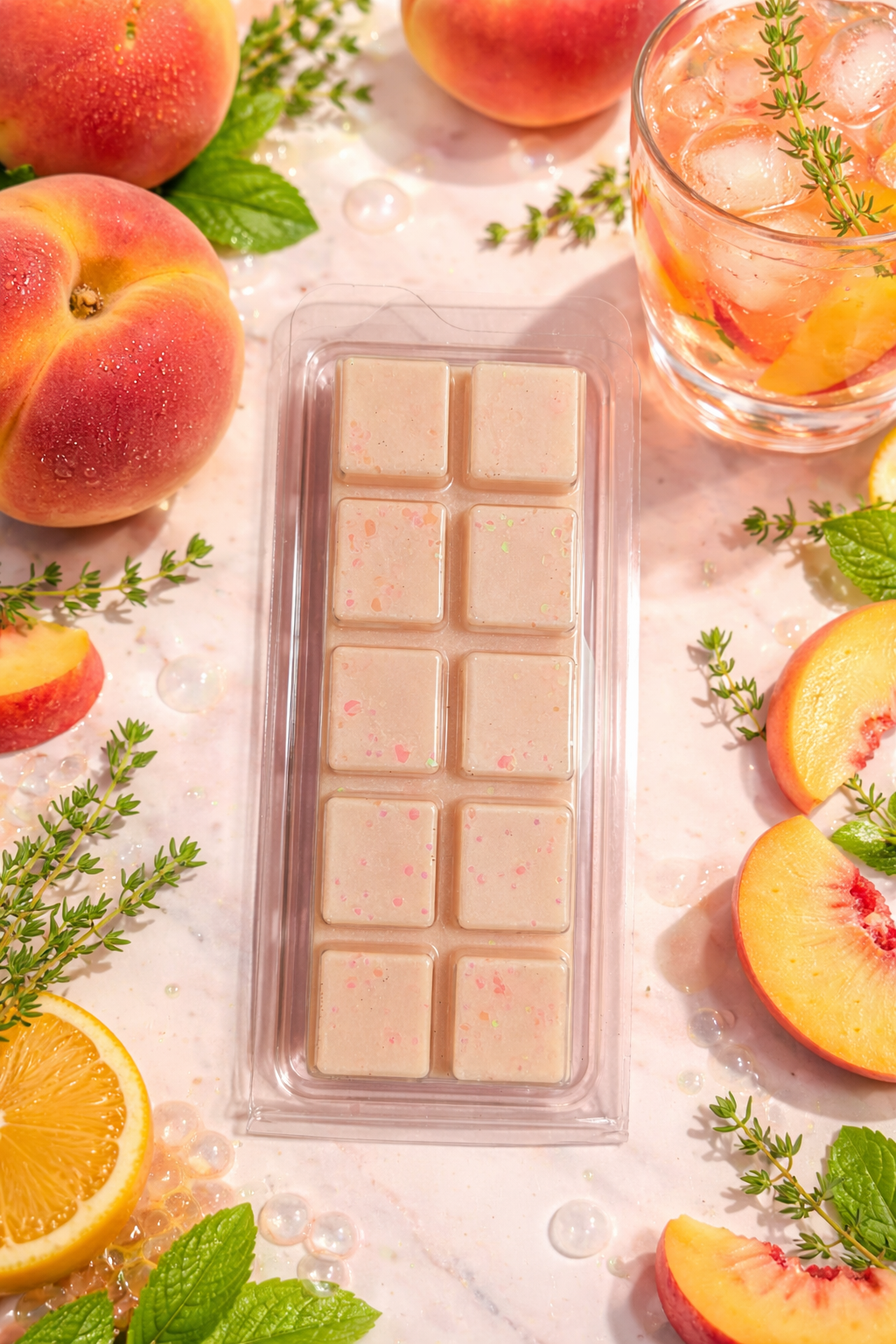 Packaged peach-flavored wax melts with peaches and a glass of peach juice on a light background