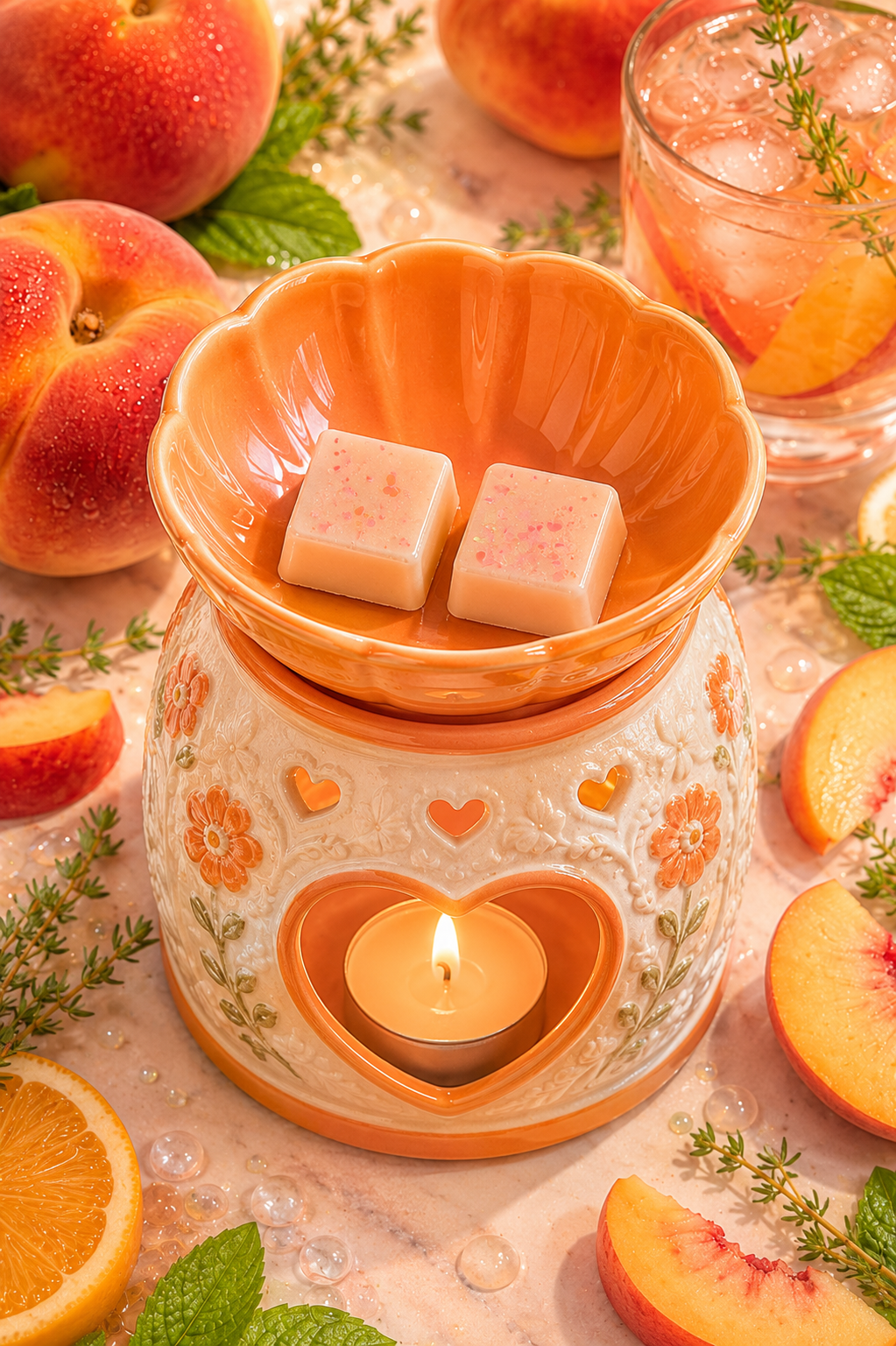 Orange wax melts in burner surrounded by oranges and peaches. 