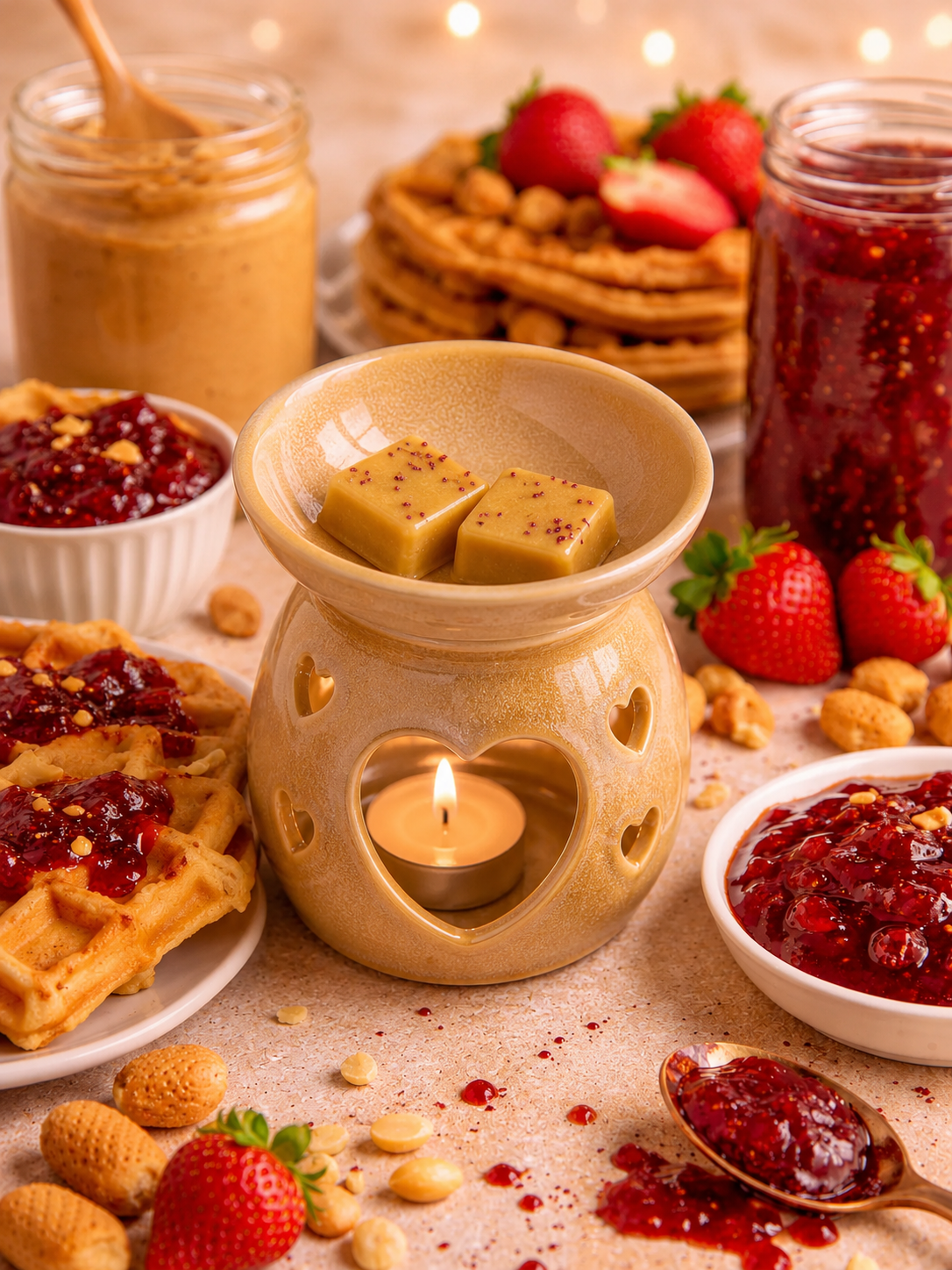 peanut butter waffle cone wax melts in burner with peanut butter, waffle and jam background theme.