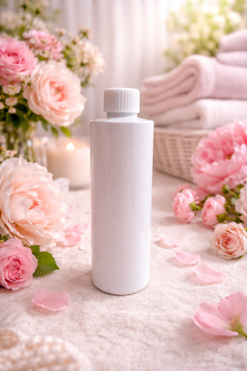Reed diffuser refill White bottle with a white cap on a soft surface surrounded by pink flowers and towels.