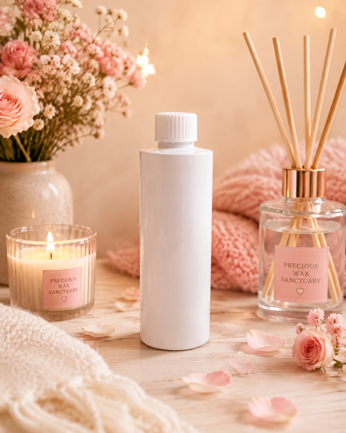 Reed diffuser refill bottle in peony and rose scent in home.