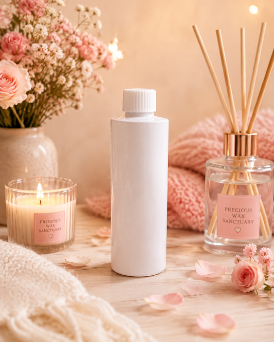 Reed diffuser refill bottle in peony and rose scent in home.
