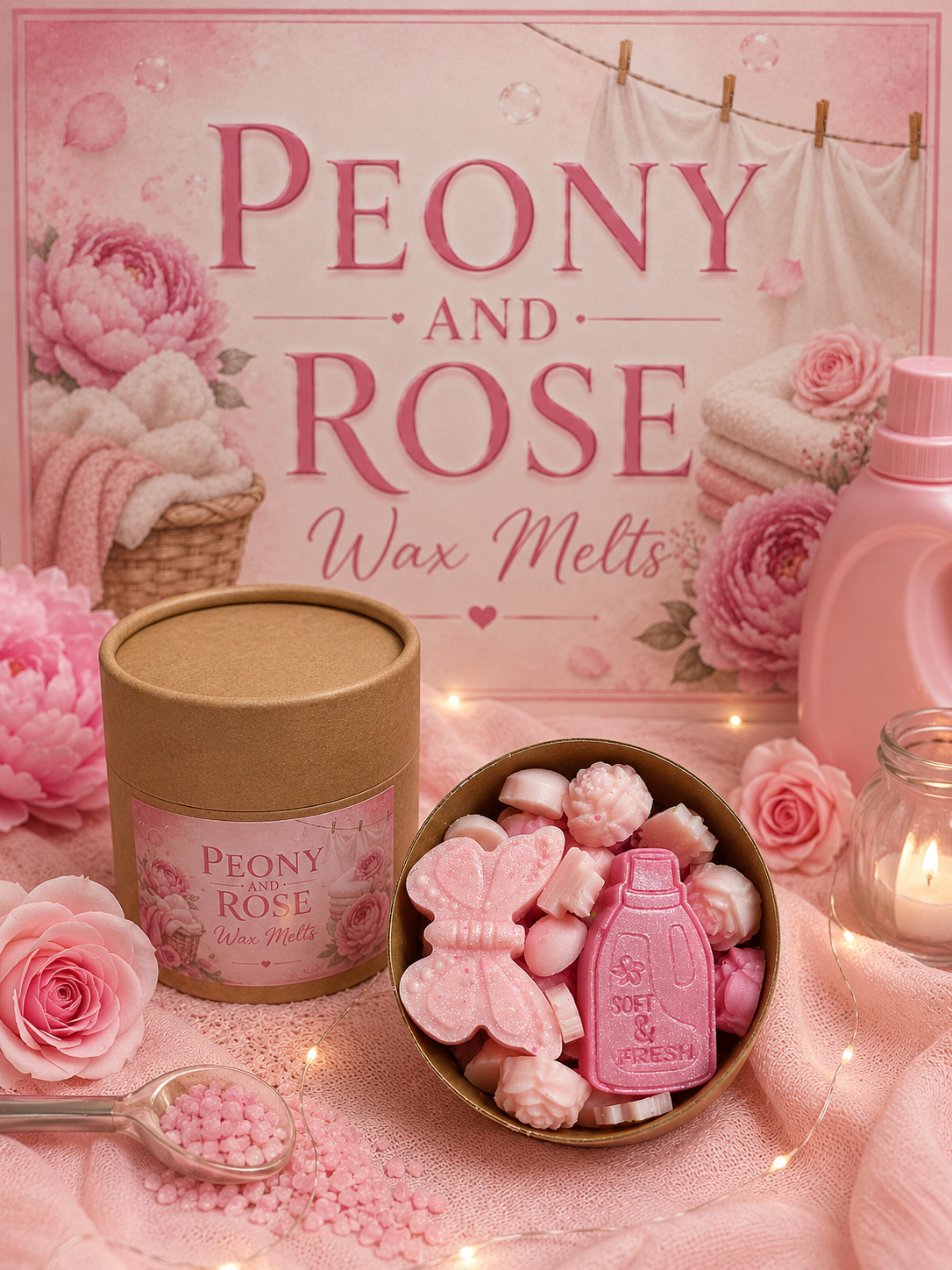 Peony and Rose wax melts packaging with pink flowers and candles on a pink background