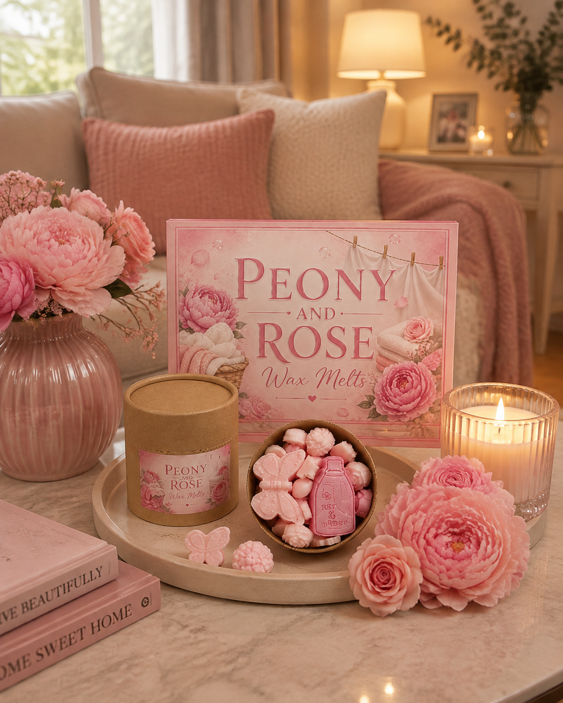 Peony and rose scented wax melts scoopies in home with pink and cream decor