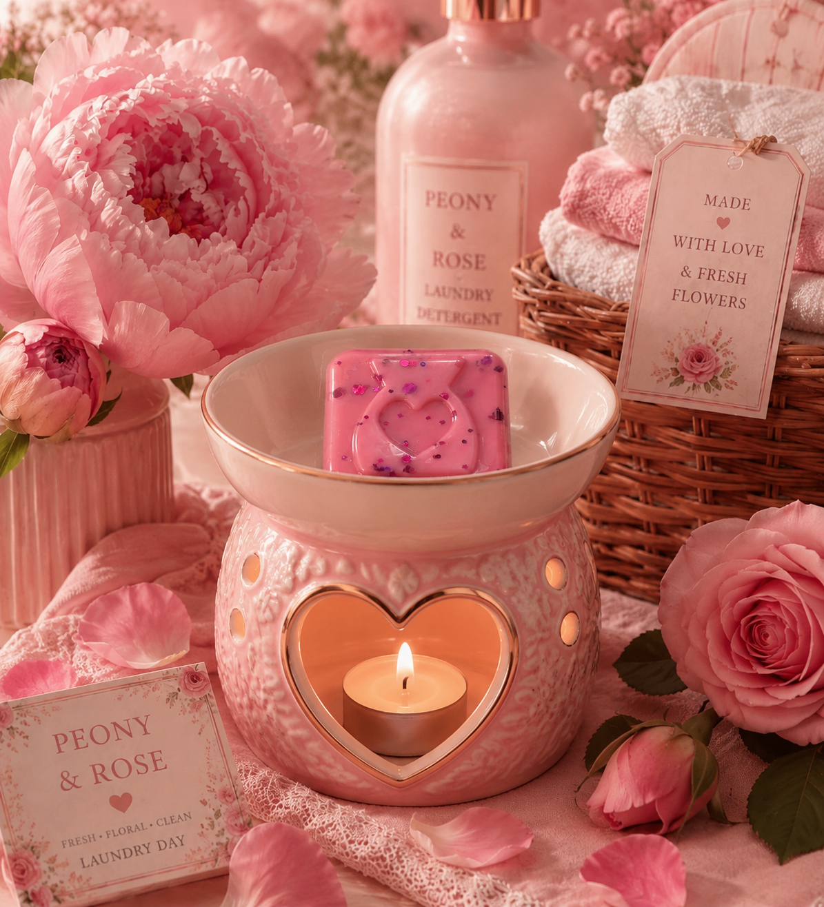 A pink ceramic heart-shaped candle warmer with a lit tea light candle, pink wax melt. The scene is decorated with pink peony and rose flowers, a bottle of Peony & Rose laundry detergent, folded white towels, and a basket in the background.