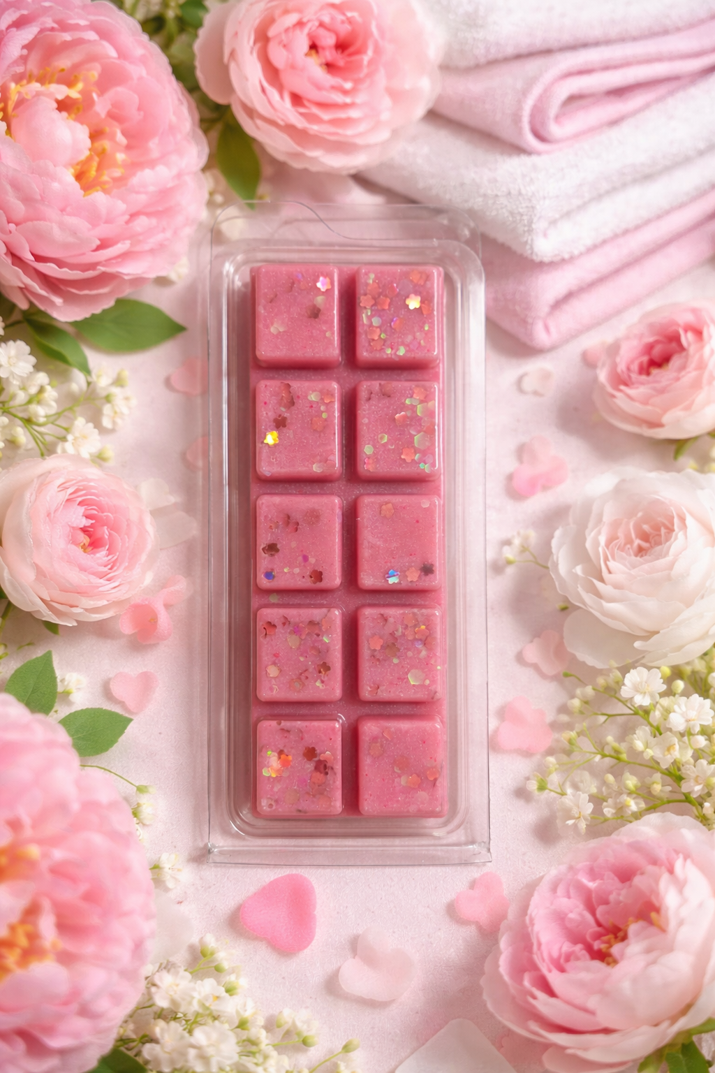 Pink wax melts in a mold surrounded by pink flowers on a white background