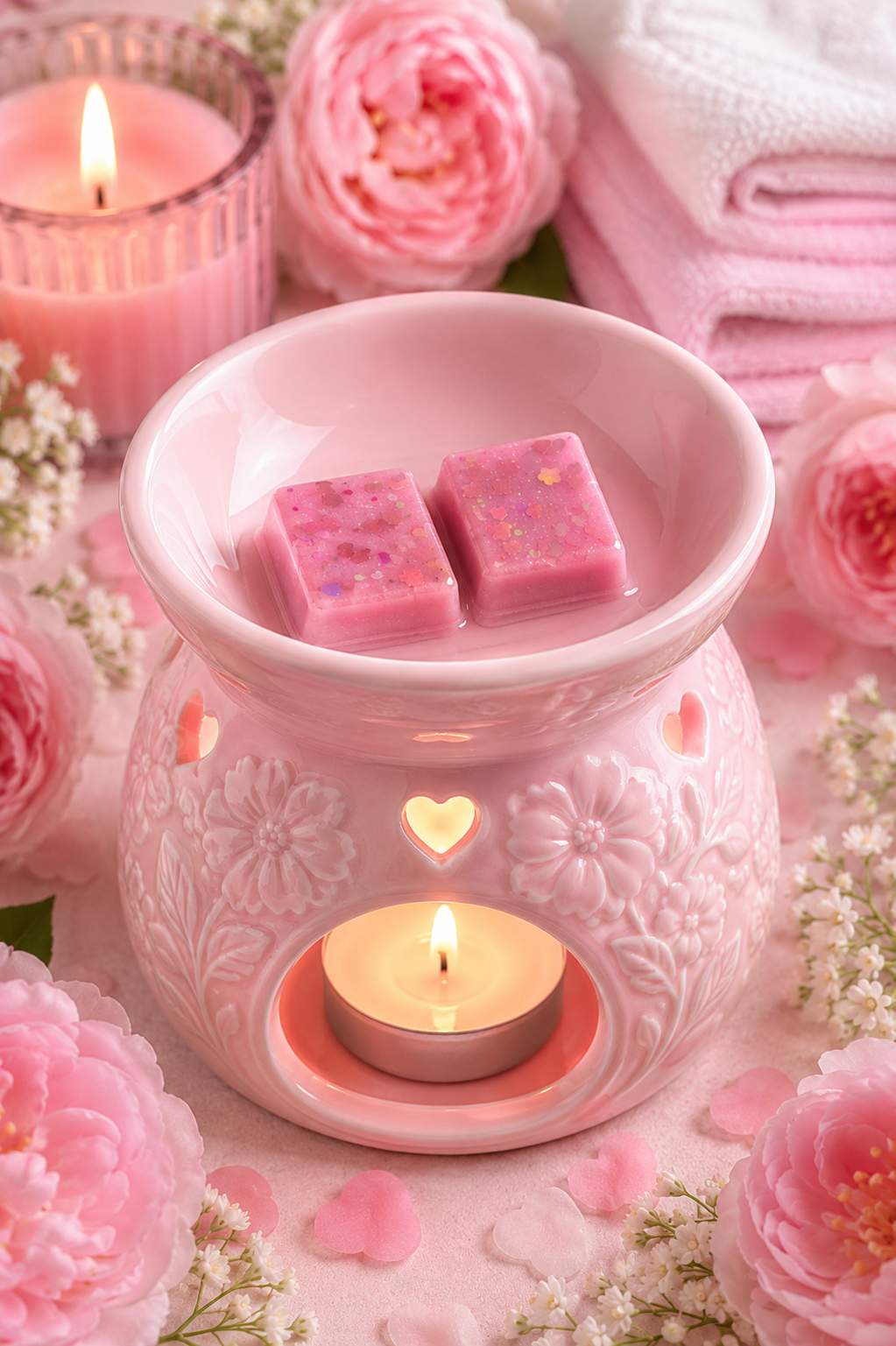 A pink ceramic wax warmer with a lit tea light candle inside, holding two pink wax melts with glitter, surrounded by pink roses, baby's breath, and folded pink towels.