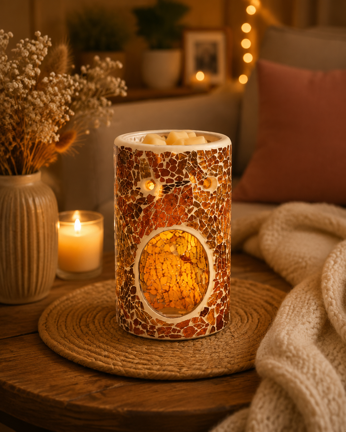 Brown crackle wax and oil burner in cosy home autumn 