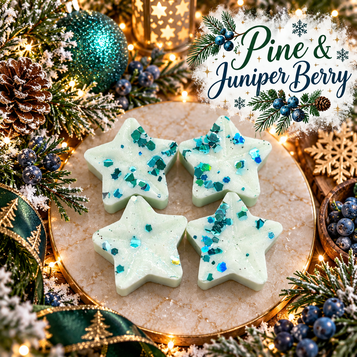 pine and juniper berry scented soy wax melt star shapes with a christmas festive background theme.