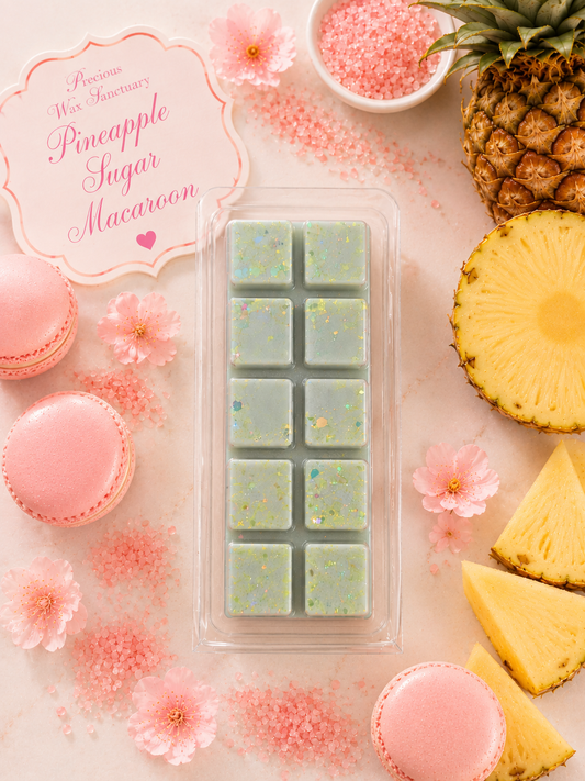 a wax melt bar in pineapple sugar macaroon cubes in a clear plastic tray, surrounded by pink macarons, pink sugar crystals, flowers, pineapple slices, and a sign reading 'Pineapple Sugar Macaroon' on a pale pink background.