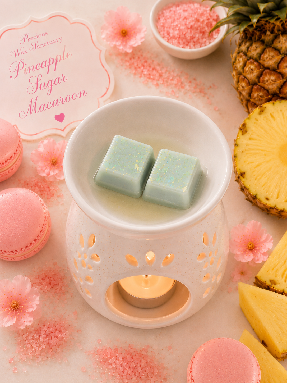 A white wax warmer with a lit tealight candle sits on a light surface, with two pale mint wax cubes inside. The scene is styled with pink sugar crystals, pink macarons, pink flowers, pineapple slices, and a sign reading 'Pineapple Sugar Macaroon.