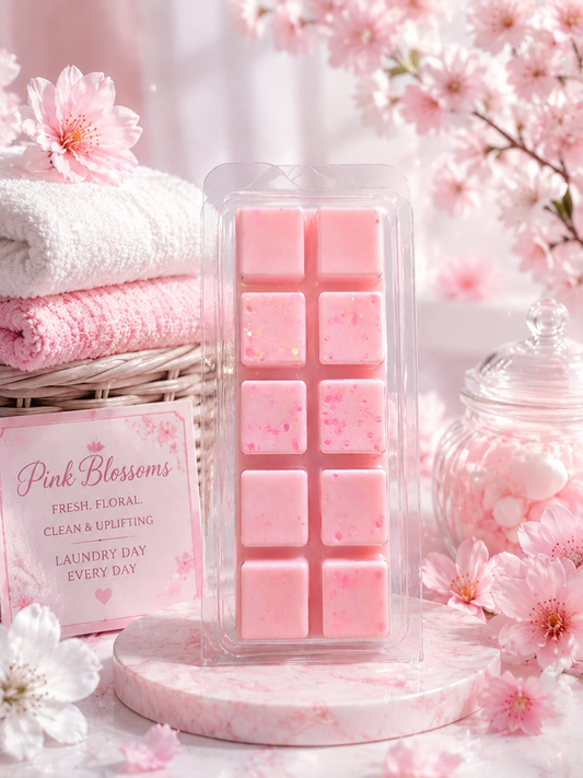 Pink flower-shaped wax melts in a clear plastic package, displayed on a pink marble coaster with folded white and pink towels, a jar of bath bombs, and cherry blossoms in the background.