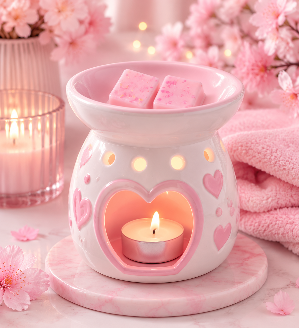Pink wax melts in burner surrounded by pink laundry decor and candle.