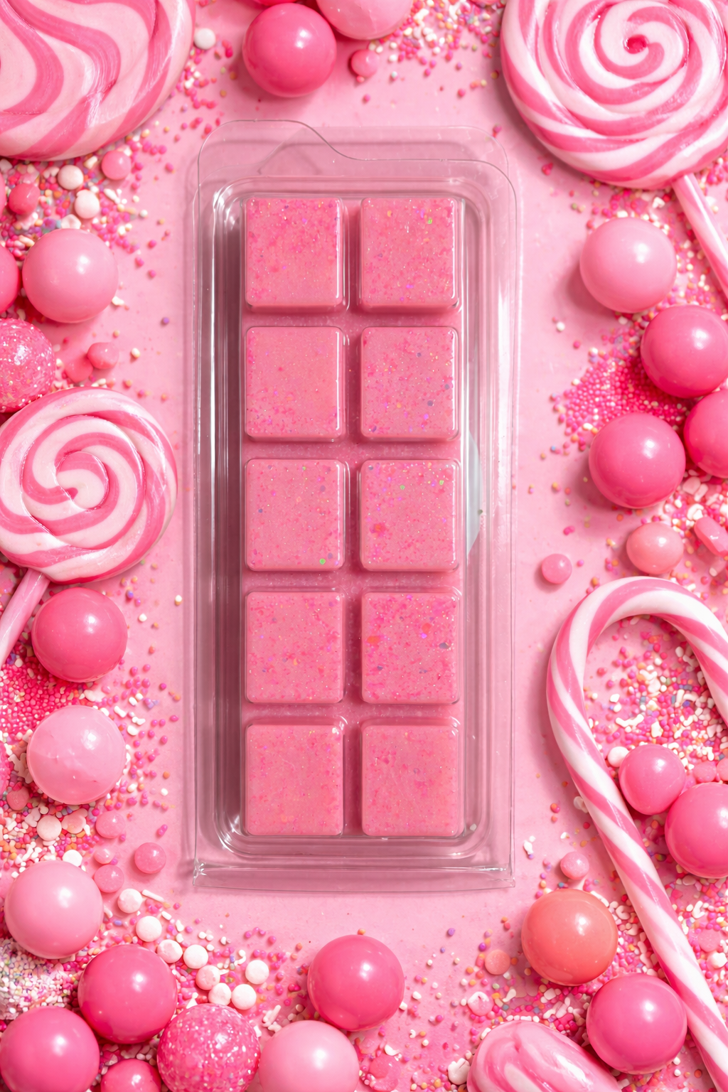Pink wax melts in a clear packaging tray surrounded by pink candies and sprinkles.
