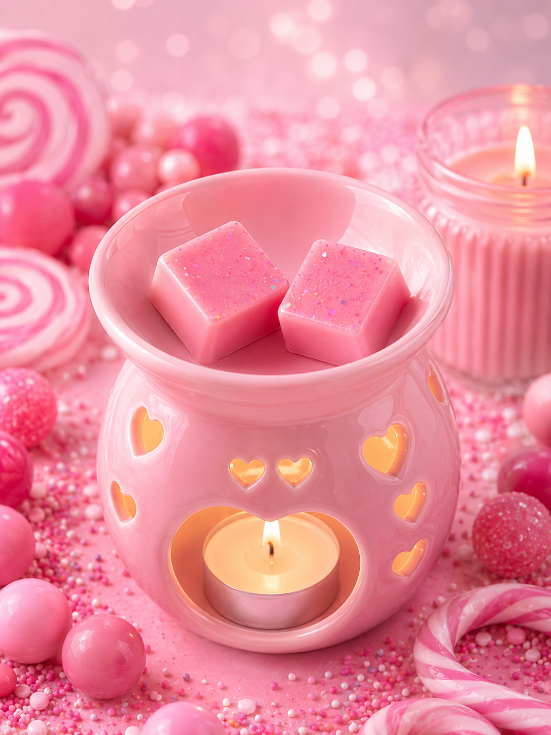 pink wax melts in burner surrounded by candy and candle.