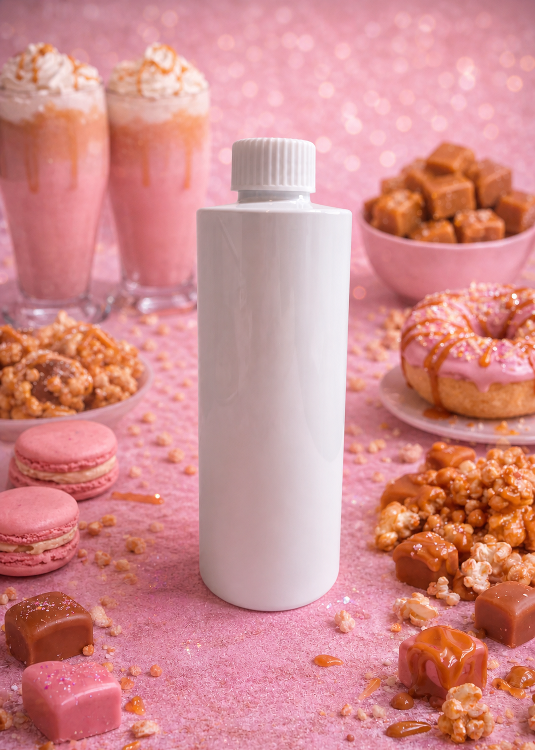 White reed diffuser bottle on a pink surface with candy and donuts