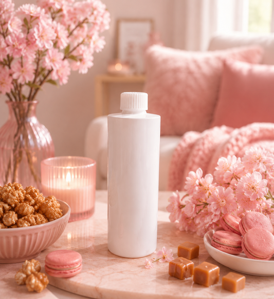 Pink caramel blossom scented reed diffuser refill with pink pretty decor.