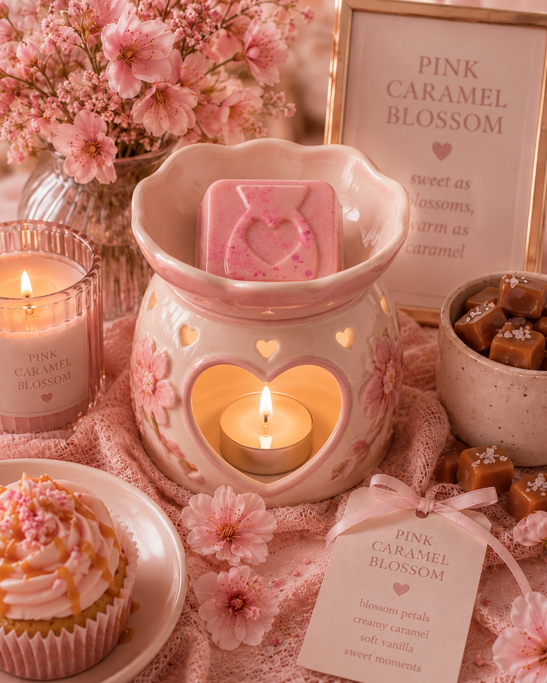 Pink wax melt in burner surrounded by cupcakes and flowers. 
