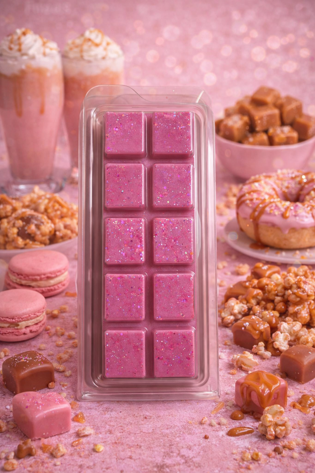 Pink wax melt with a pink candy bar on a pink background with snacks.