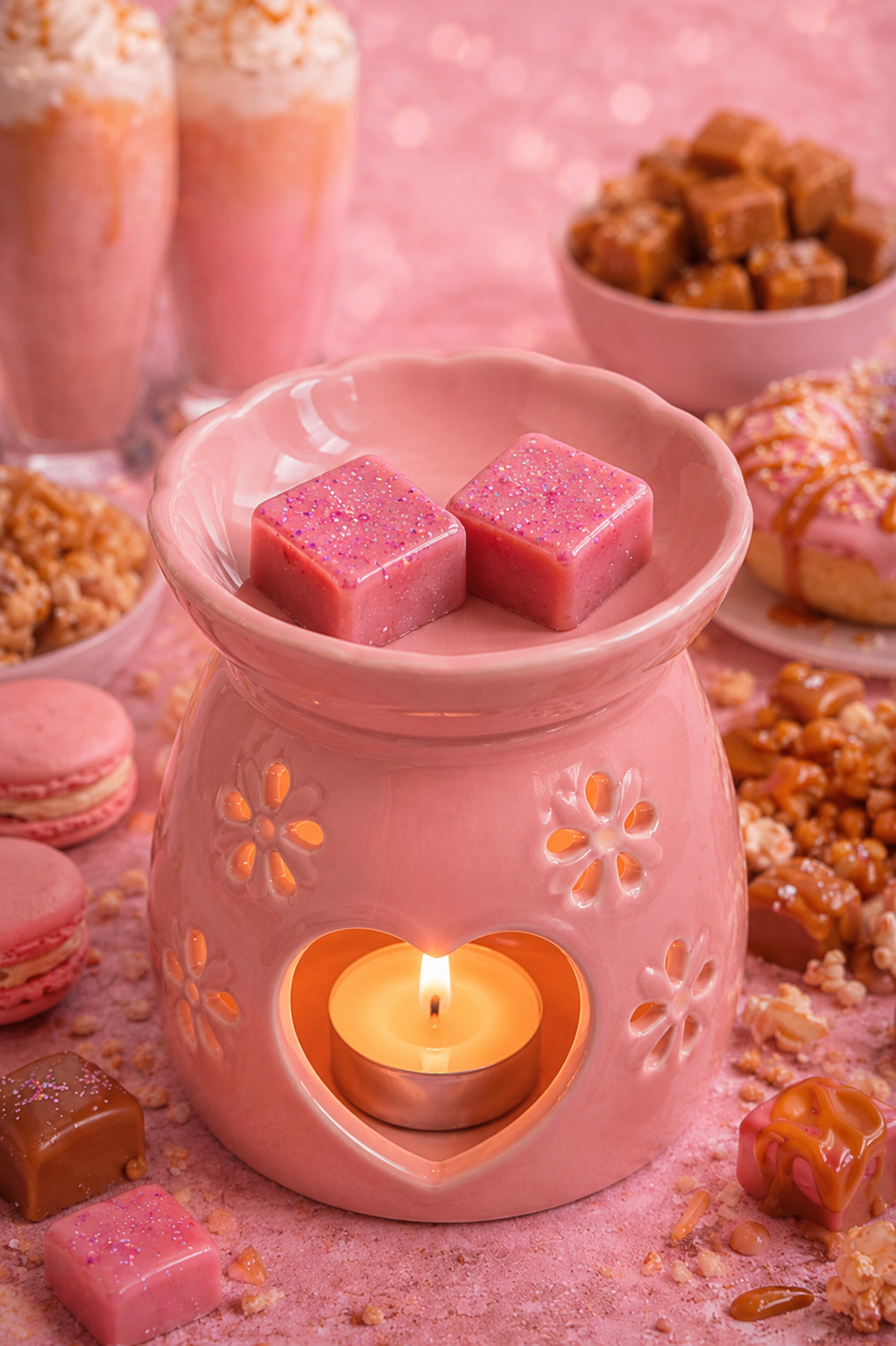 A pink ceramic wax warmer with a lit tealight candle inside and two pink wax cubes on top, styled with pink macarons, candies, and a pink background.