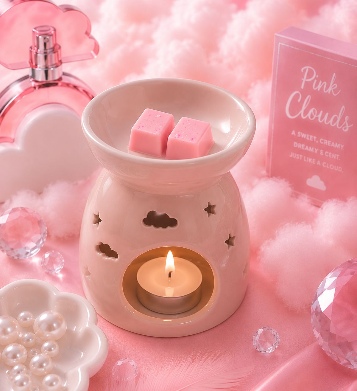 A pink ceramic candle warmer with star and cloud cutouts, holding a lit tealight candle, styled with pink wax melts in a bowl, a pink perfume bottle, a box labeled 'Pink Clouds,' and fluffy pink decorative elements.