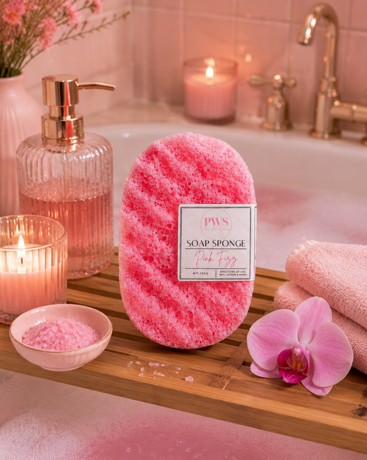 Pink fizz soap sponge set up in bathroom 